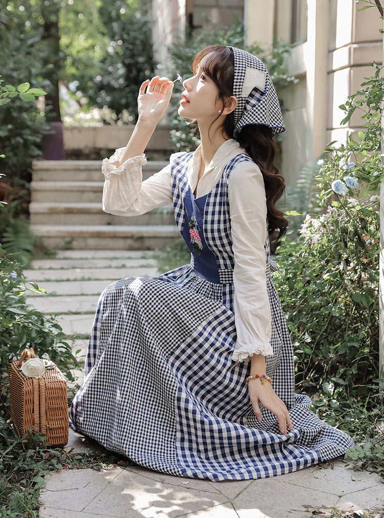 Gingham Pastures Twofer Midi Dress (Blue/White)