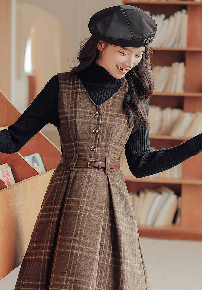 Coffee Plaid Midi Pinafore Dress (Brown)