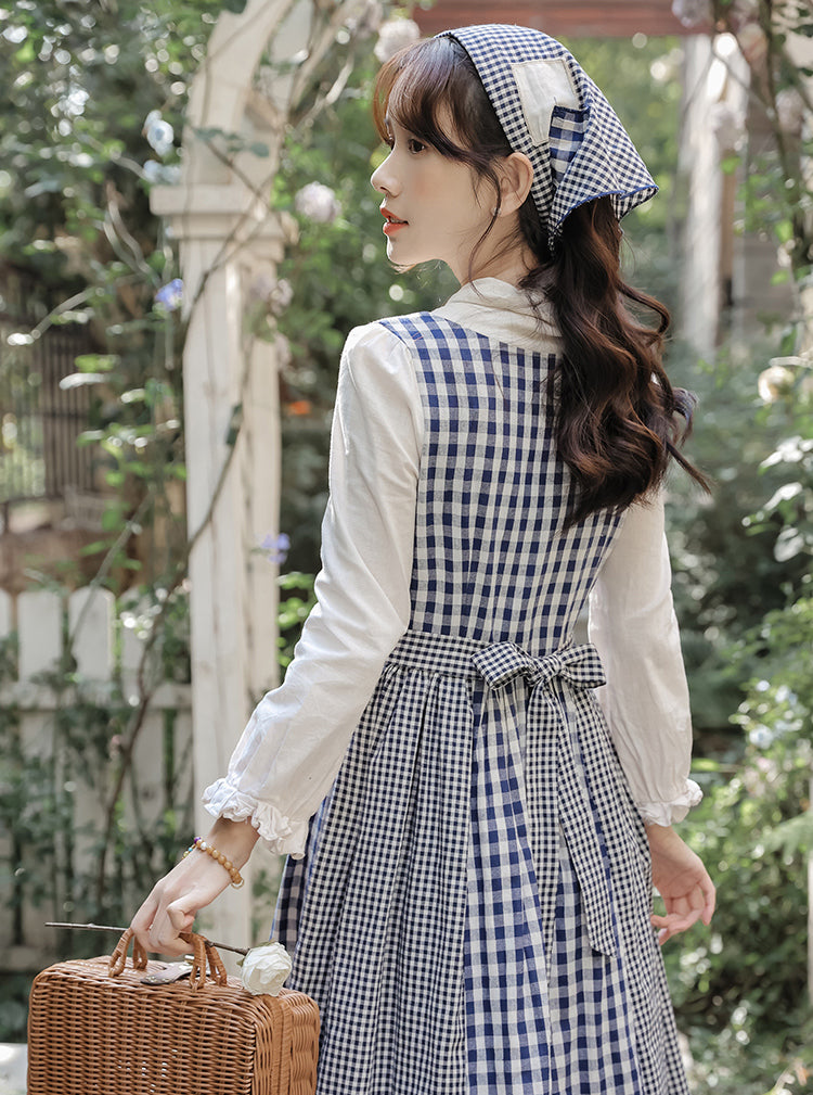 Gingham Pastures Twofer Midi Dress (Blue/White)