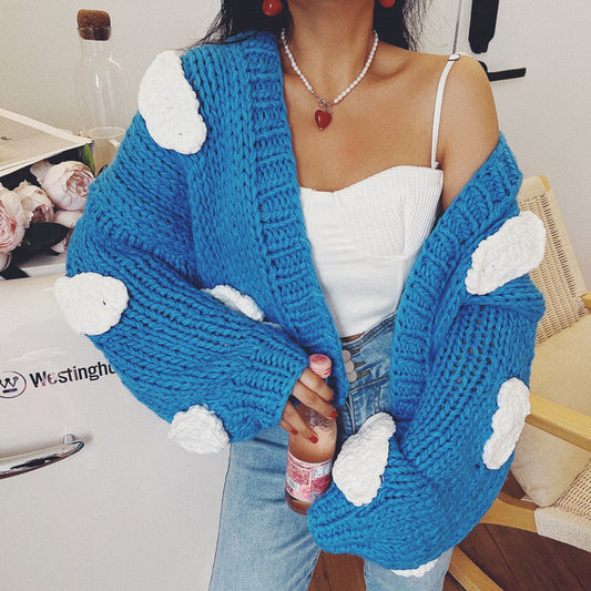 Chunky Cloudy Sky Cropped Cardigan (Blue)