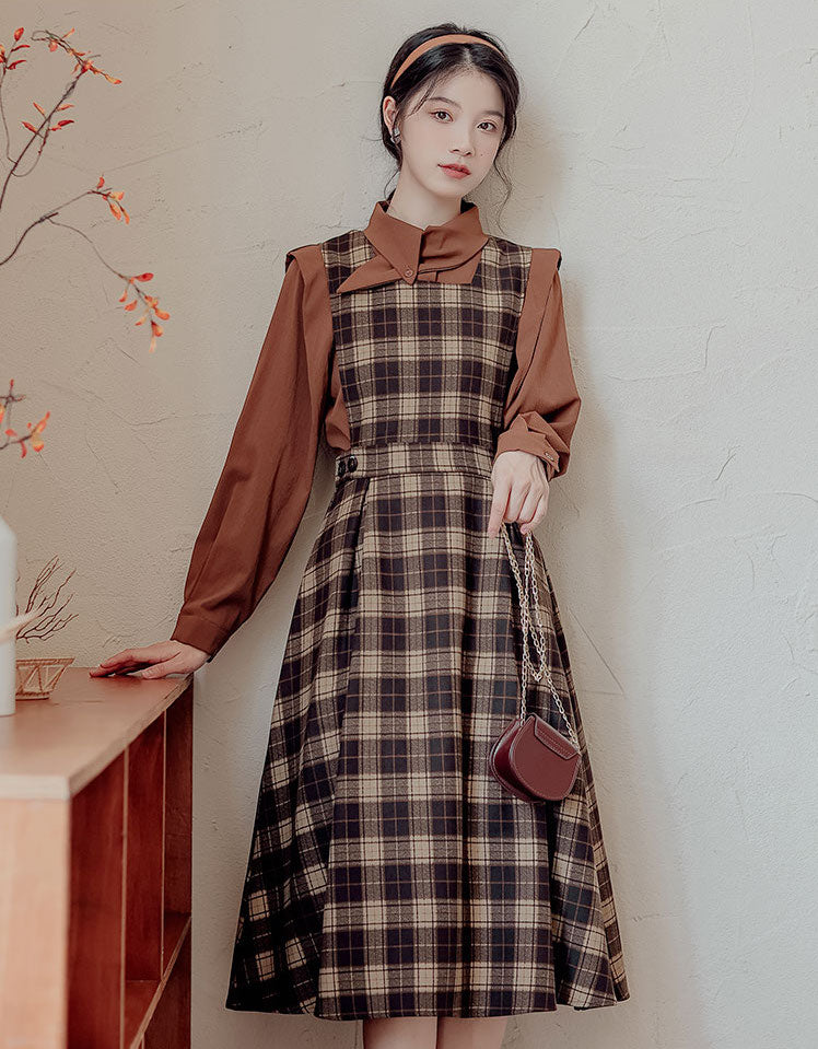 Crepe Plaid Pinafore Dress Set (2 Colors)