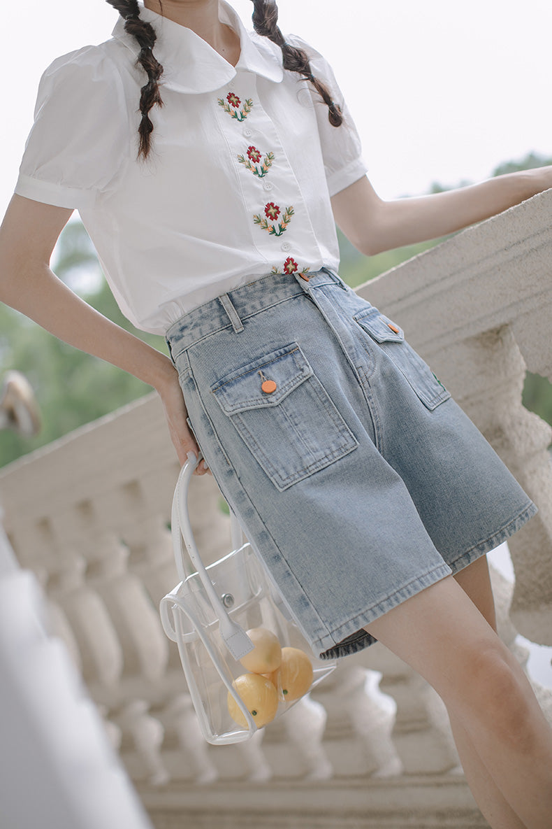 Embroidered Button Pocket Shorts (Light Denim)
