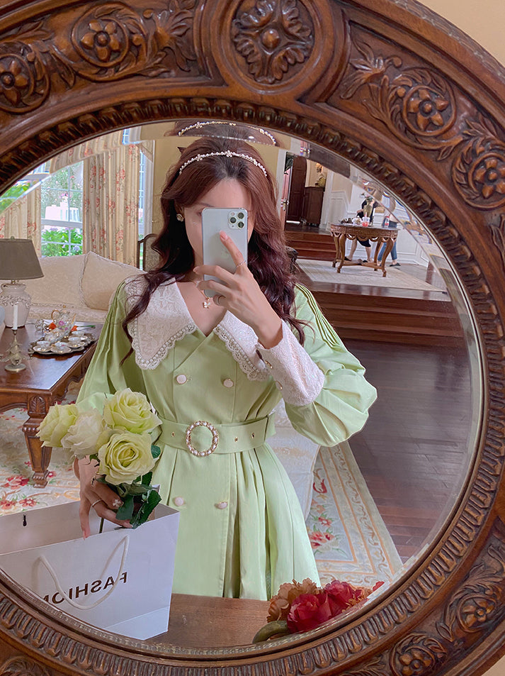 Matcha Peter Pan Pleated Dress (Green)