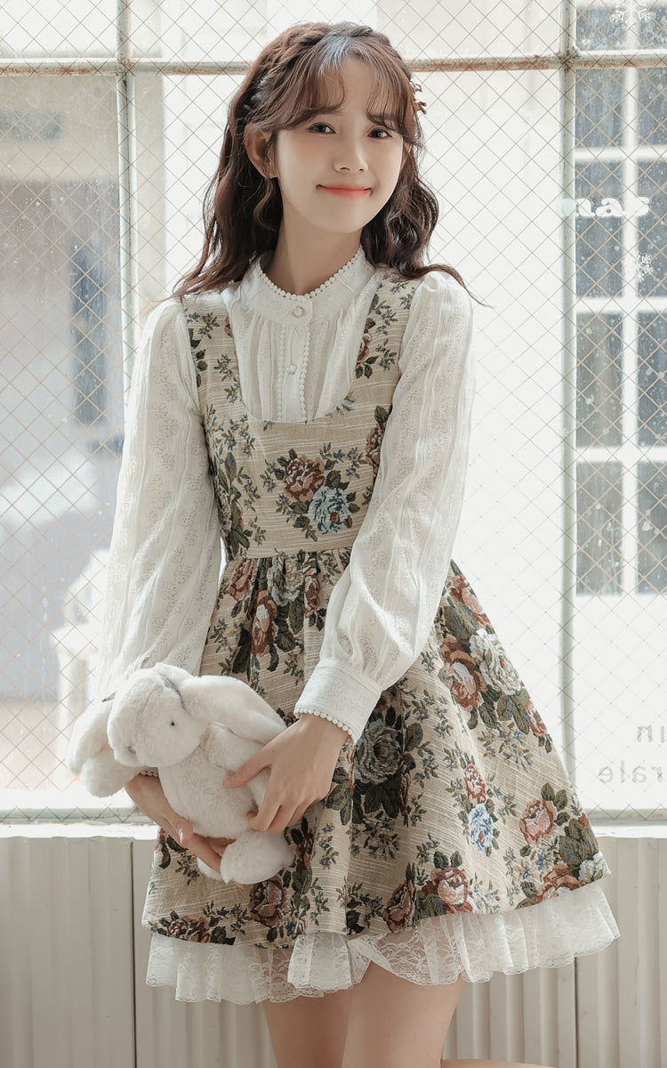 Rustic Rose Babydoll Dress (Beige)