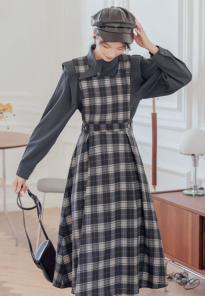 Crepe Plaid Pinafore Dress Set (2 Colors)