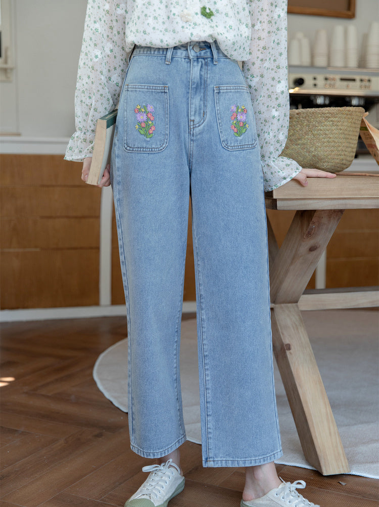 Embroidered Floral Pocket Jeans (Light Denim)