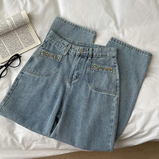 Embroidered Flower Vines Jeans (Light Denim)