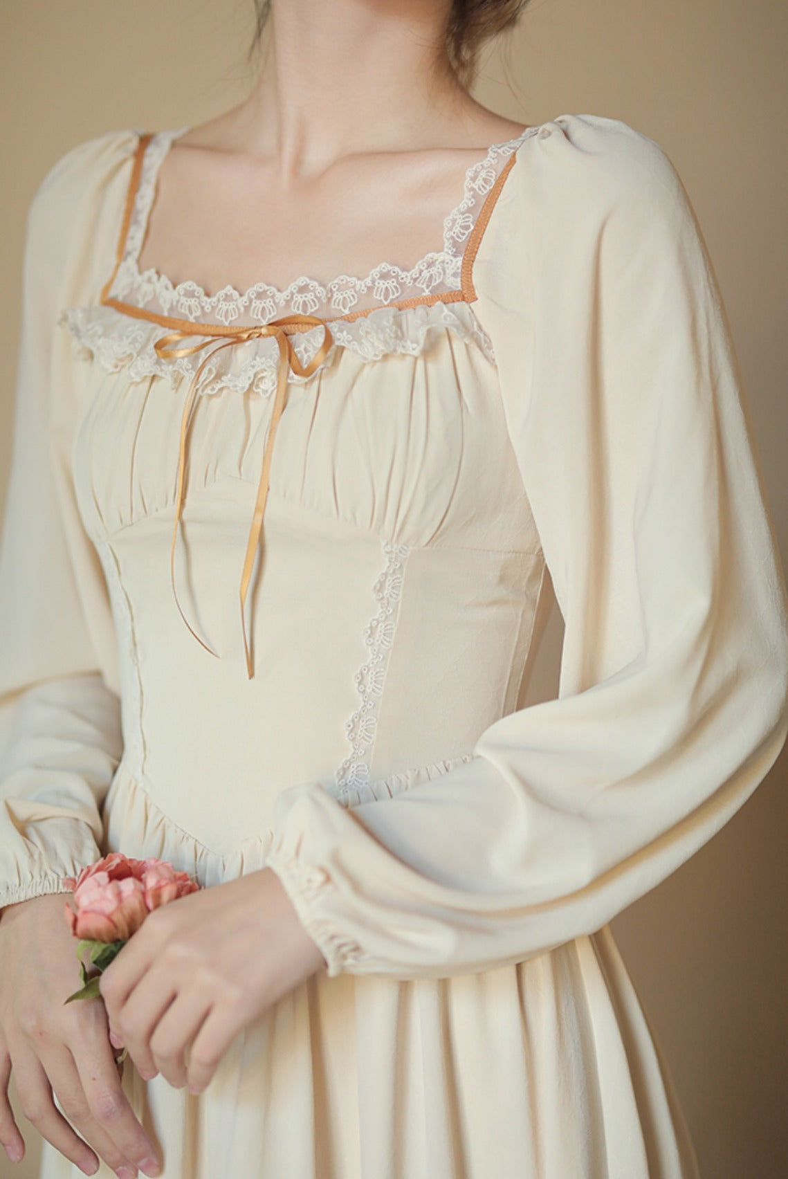 Basic Lace Square Neck Midi Dress (Cream)