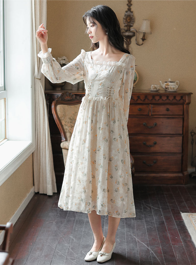 Flower Blossom Lace Up Midi Dress (Cream)