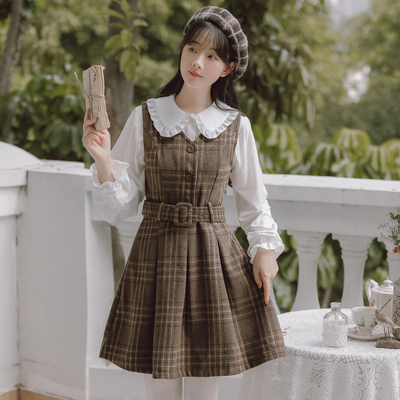 Coffee Plaid Pinafore Dress / Blouse (Brown)