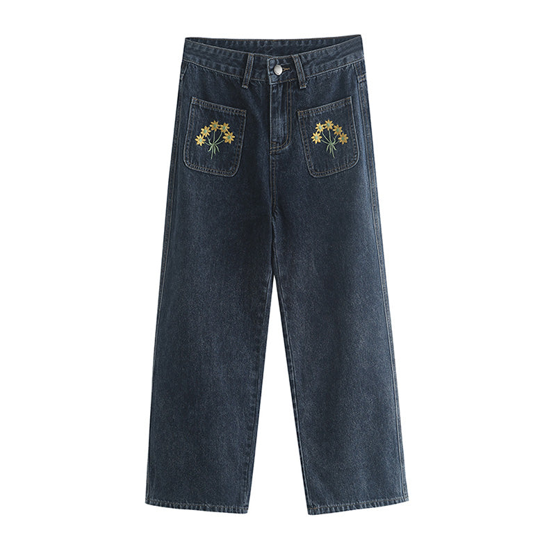 Embroidered Sunflower Pocket Jeans (2 Colors)