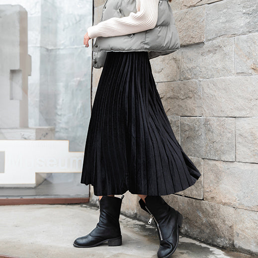 Velvet Pleated Midi Skirt (6 Colors)