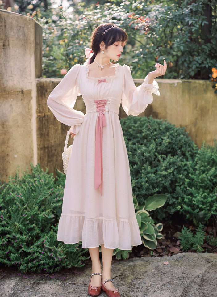 Meadow Corset Midi Dress (White/Pink)