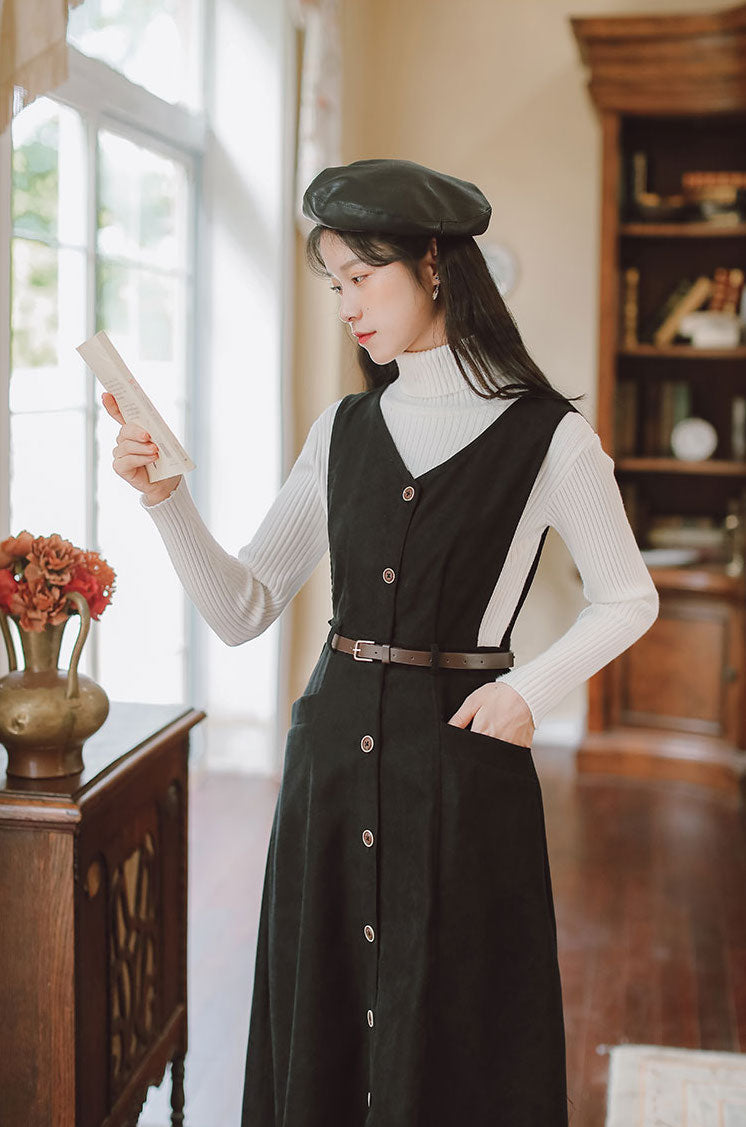 Button Up Suede Pinafore Dress (4 Colors)