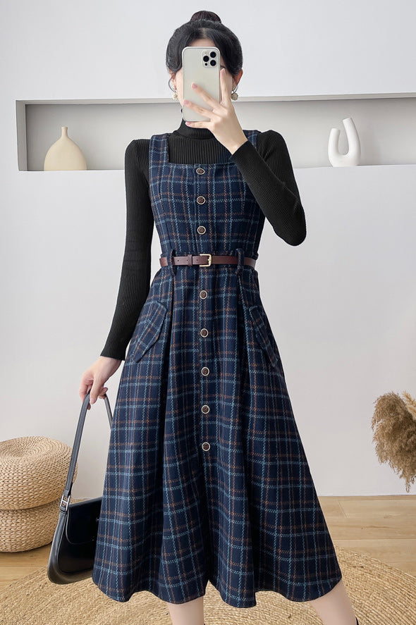 Button Up Plaid Pinafore Dress (2 Colors)