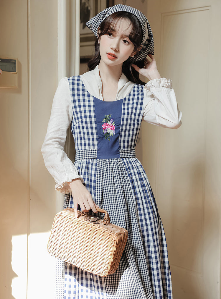Gingham Pastures Twofer Midi Dress (Blue/White)