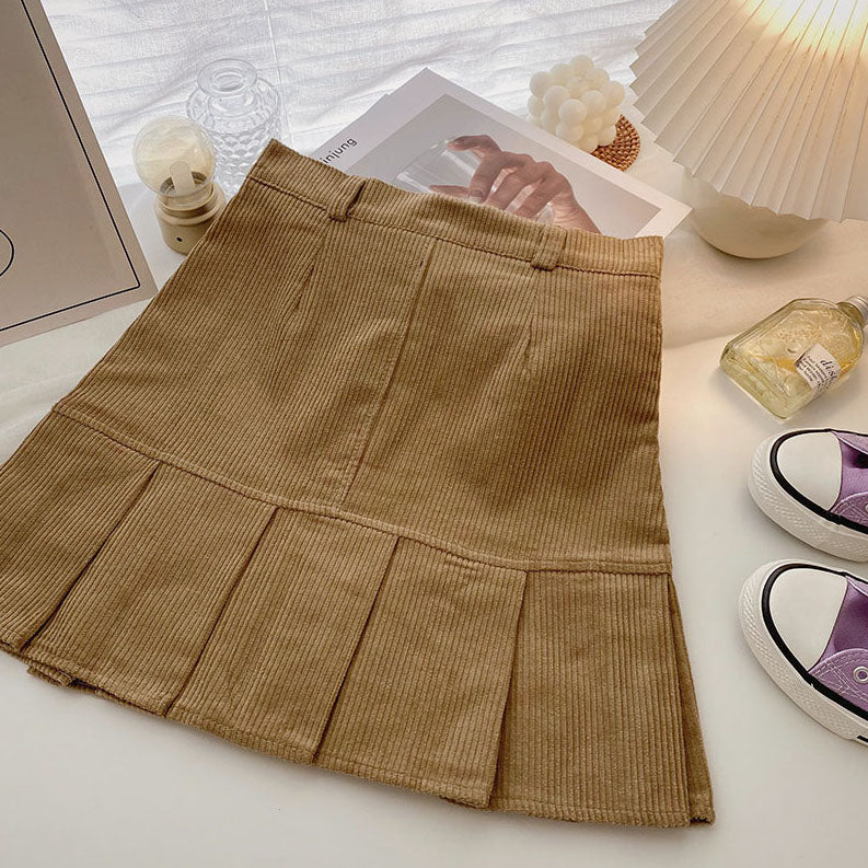 Corduroy Mermaid Pleated Skirt (2 Colors)