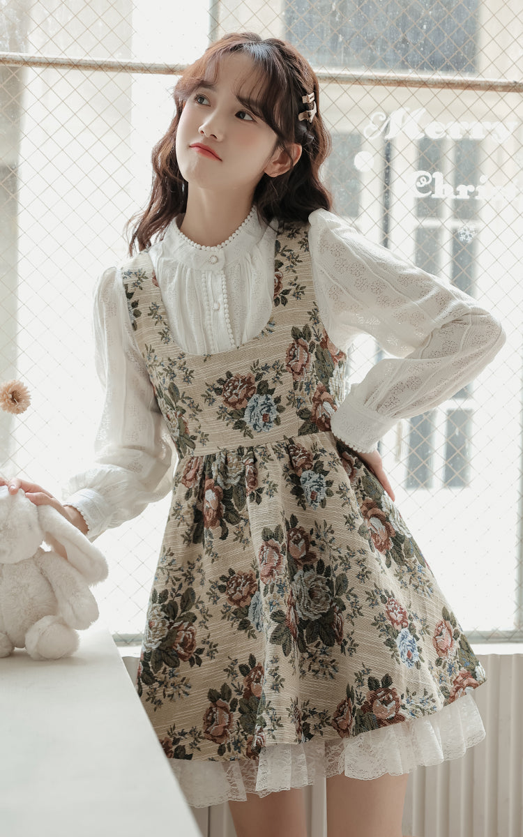 Rustic Rose Babydoll Dress (Beige)