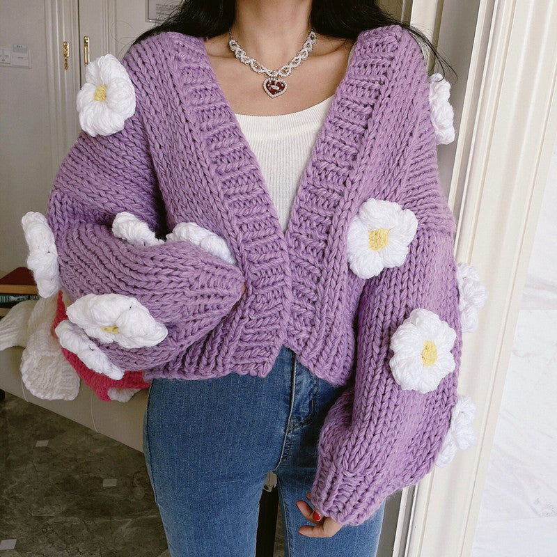 Chunky Daisy Cropped Cardigan (Purple) – Megoosta Fashion