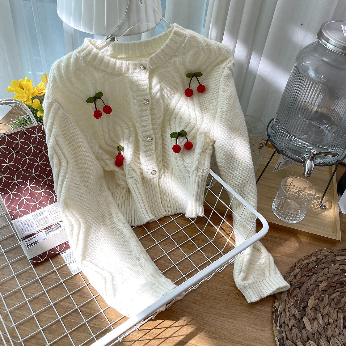 Cherry Pom Pom Cropped Cardigan (4 Colors)