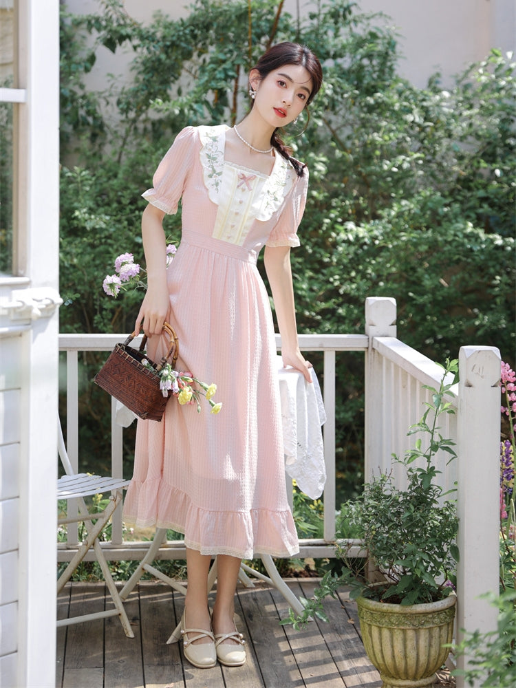 Sweet Floral Embroidered Midi Dress (Pink)