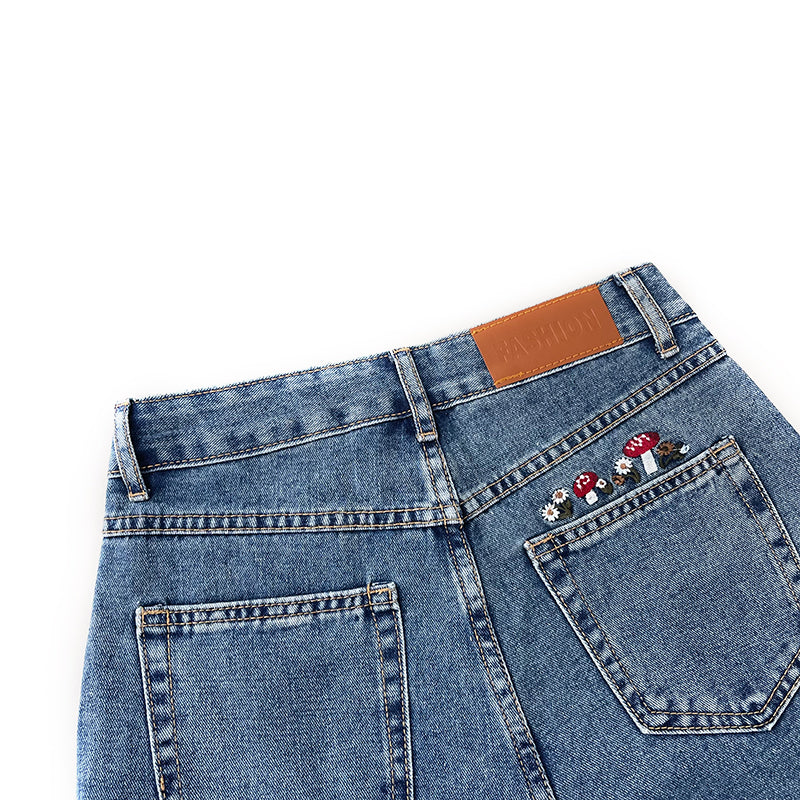 Mushroom Embroidered Mom Jeans (2 Colors)