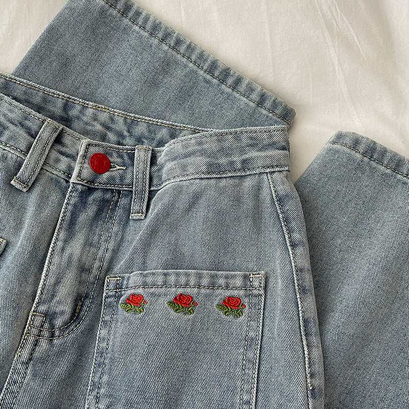 Embroidered Rose Pocket Jeans (Light Denim)