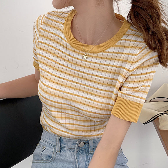 Short Sleeve Stripe Sweater (4 Colors)