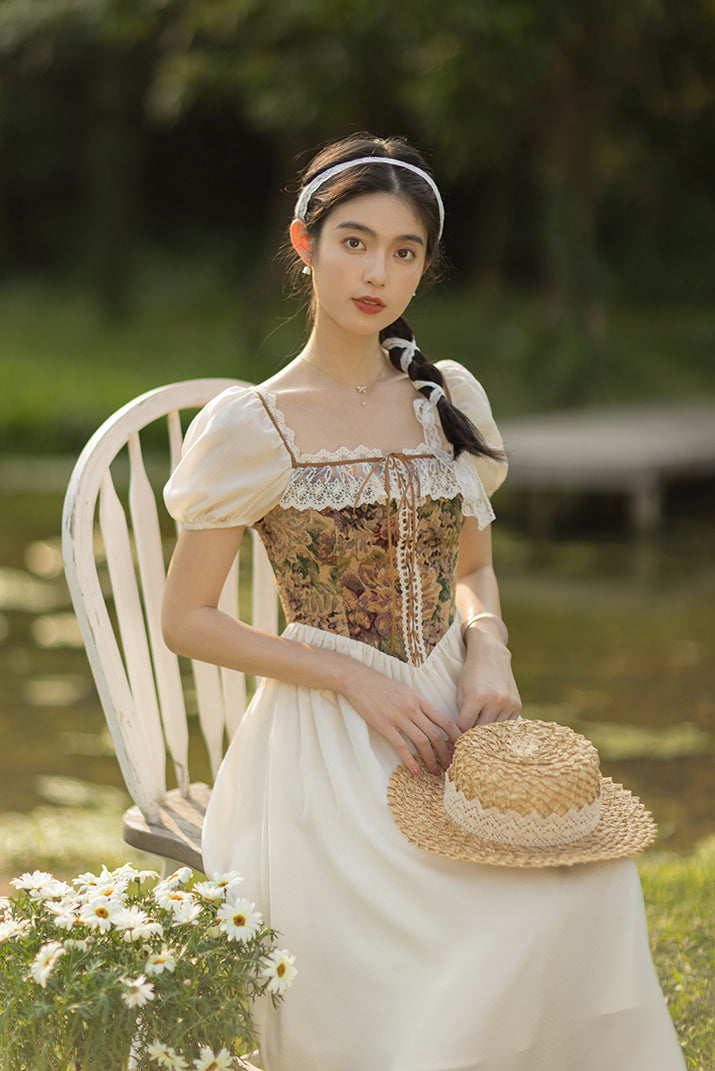 Rustic Floral Countryside Midi Dress (Cream)