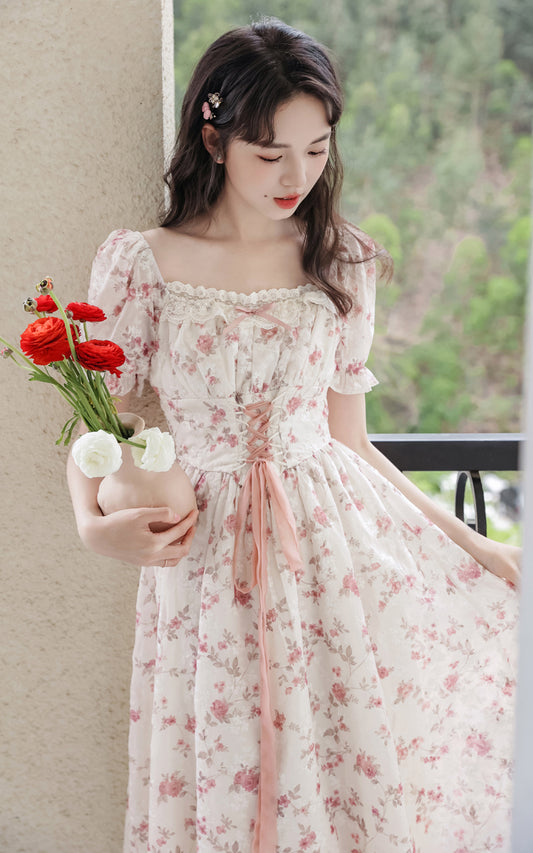 Cherry Blossom Lace Up Dress (White/Pink)