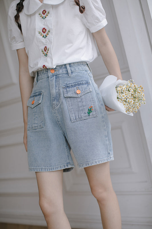Embroidered Button Pocket Shorts (Light Denim)