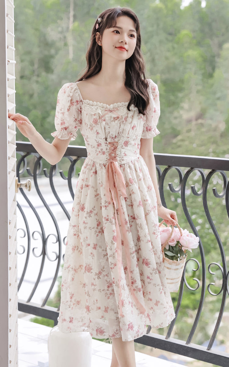 Cherry Blossom Lace Up Dress (White/Pink)