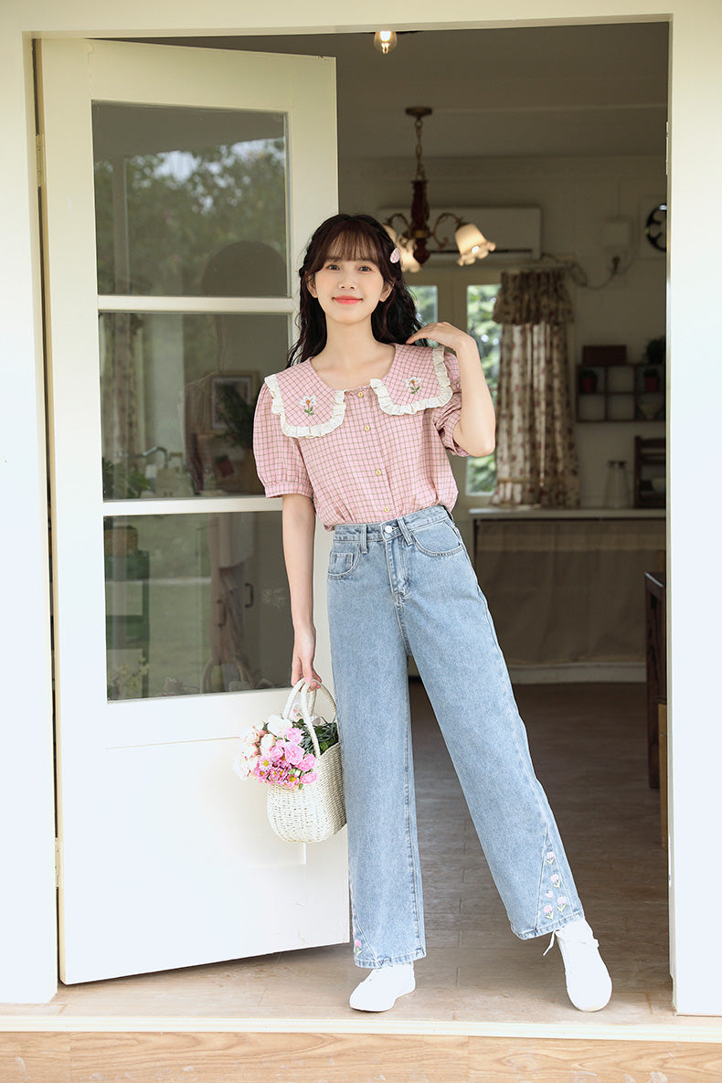 Cottage Flower Plaid Blouse (Pink)