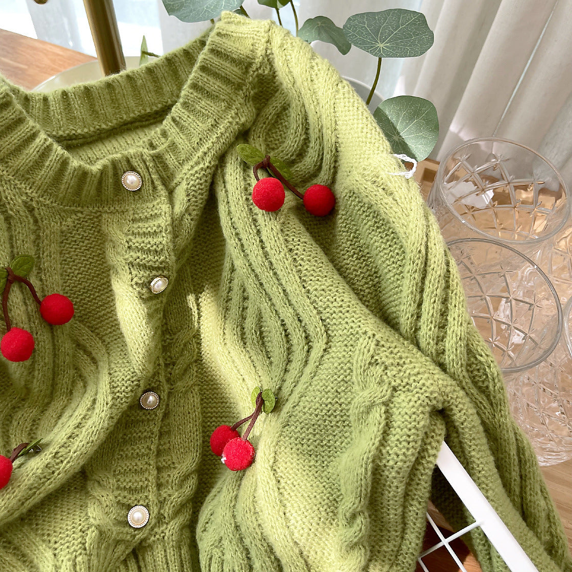 Cherry Pom Pom Cropped Cardigan (4 Colors)