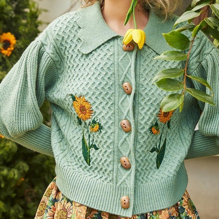 Sunflower Collared Cardigan (Sage)