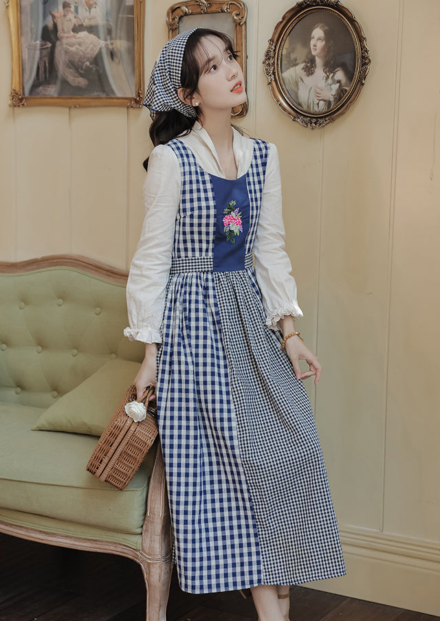 Gingham Pastures Twofer Midi Dress (Blue/White)