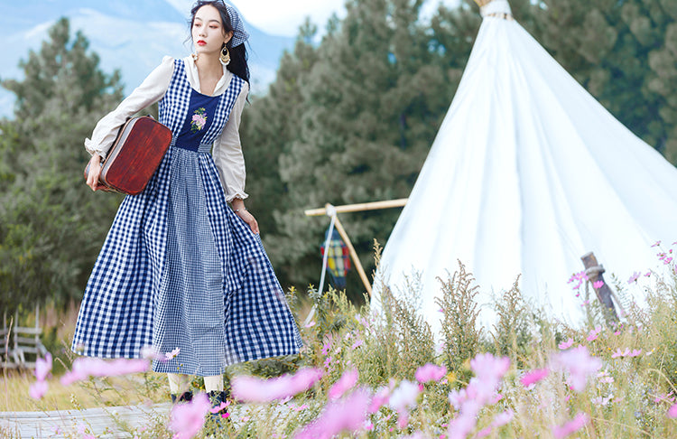Gingham Pastures Twofer Midi Dress (Blue/White)