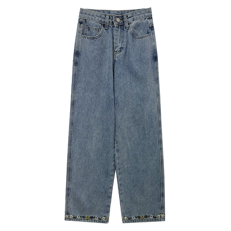 Flower Hem Embroidered Jeans (Acid Wash)