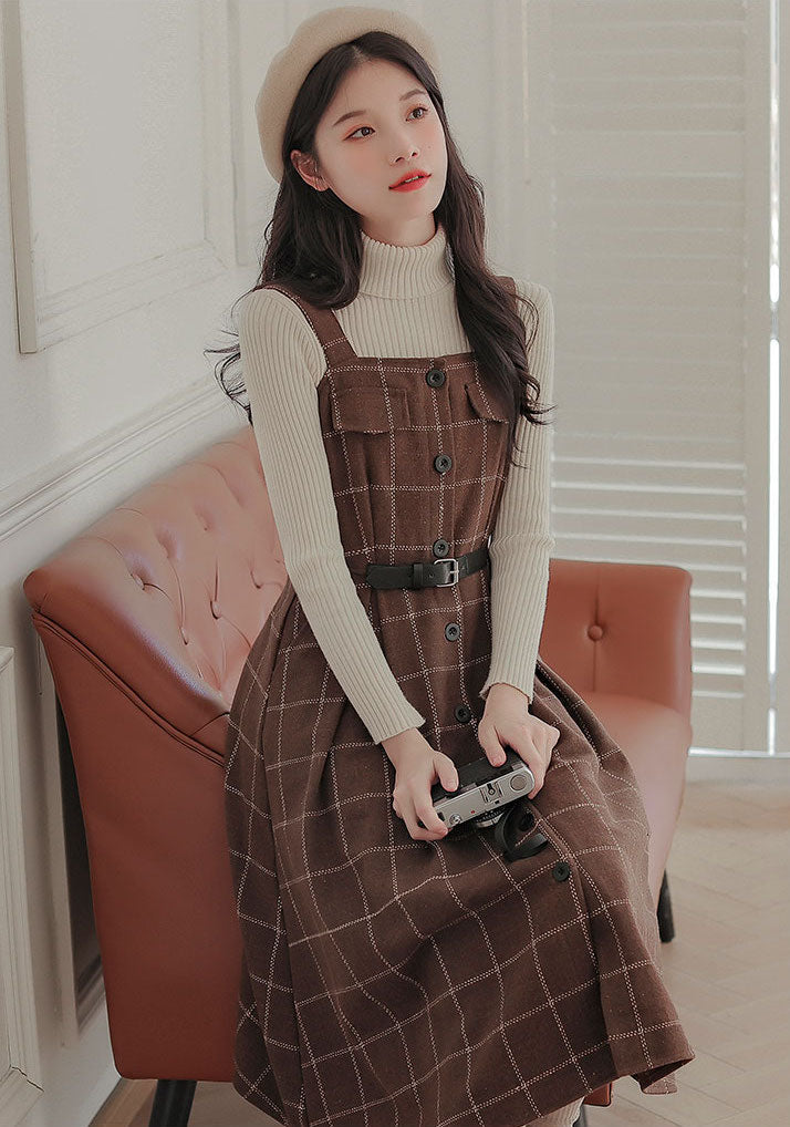 Button Up Plaid Cami Midi Dress (2 Colors)