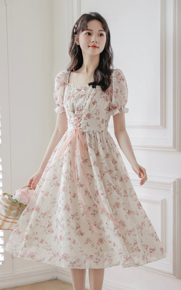 Cherry Blossom Lace Up Dress (White/Pink)