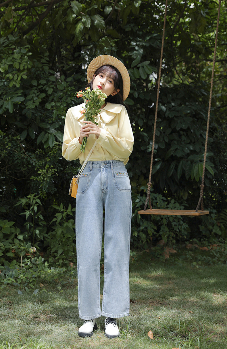 Embroidered Flower Vines Jeans (Light Denim)
