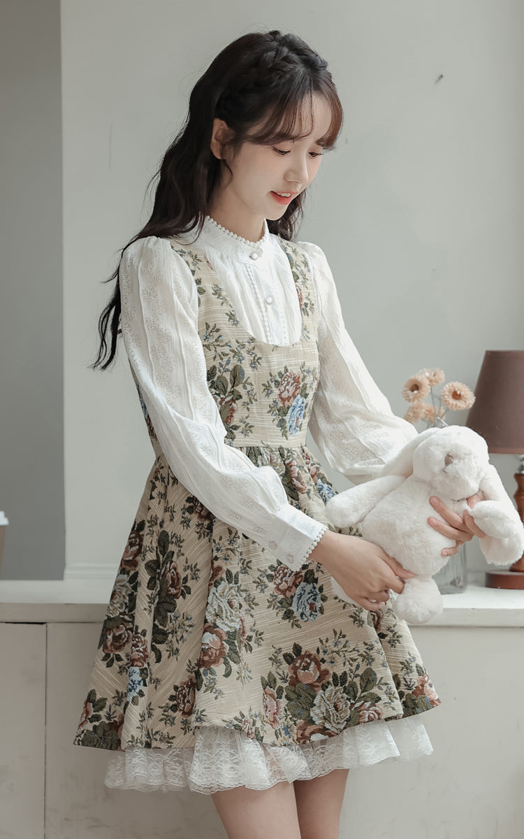 Rustic Rose Babydoll Dress (Beige)