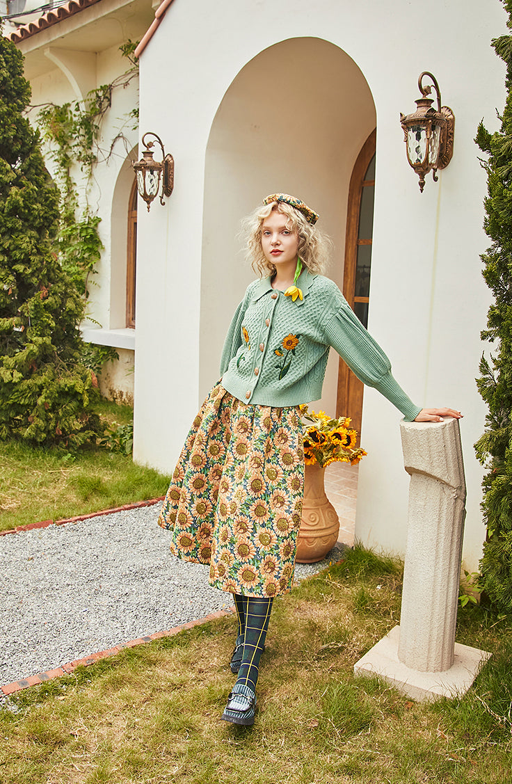 Sunflower Jacquard Midi Skirt (Blue/Yellow)