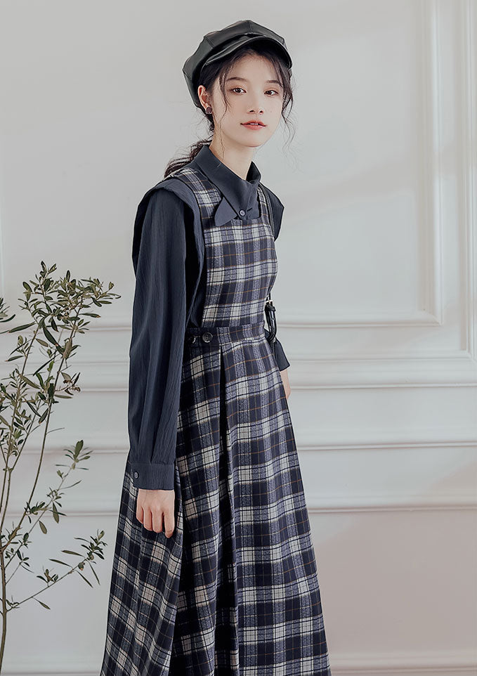 Crepe Plaid Pinafore Dress Set (2 Colors)