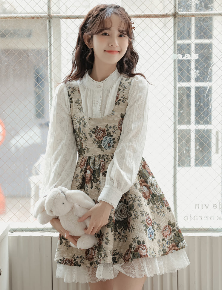 Rustic Rose Babydoll Dress (Beige)
