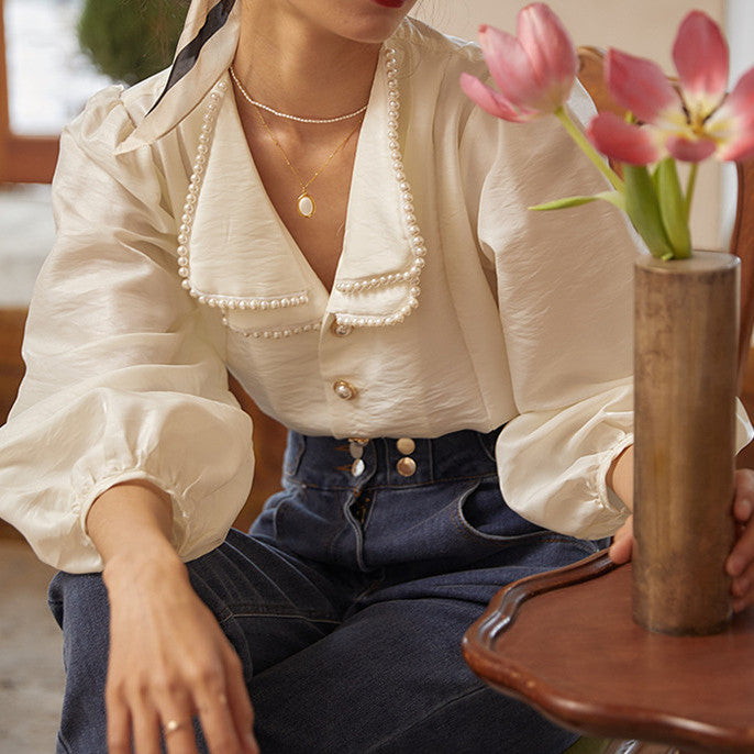 Pearl Collar Satin Blouse (White)