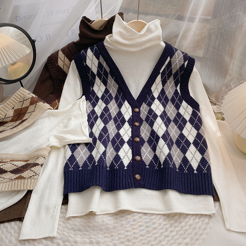 Cinnamon Argyle Plaid Vest (3 Colors)