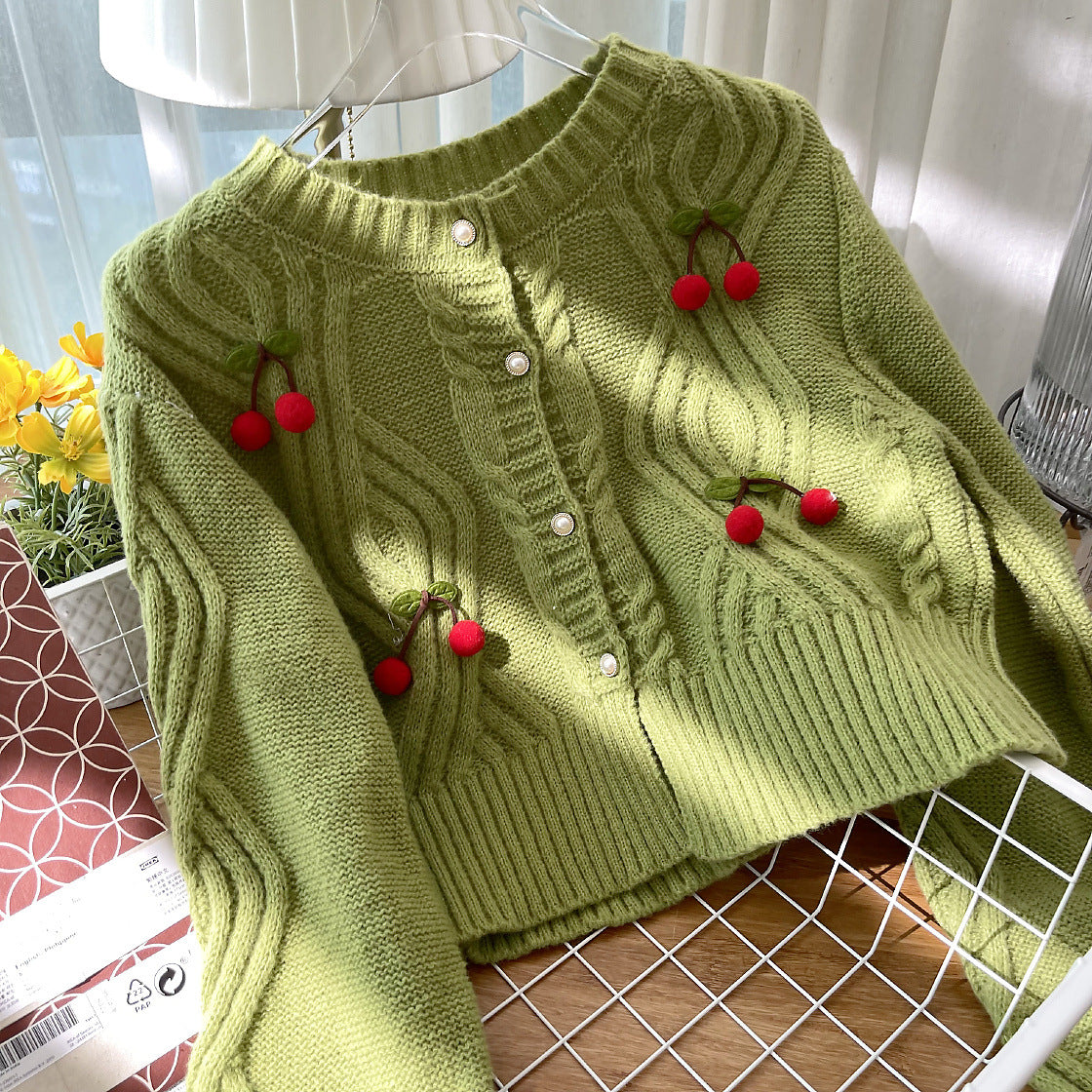Cherry Pom Pom Cropped Cardigan (4 Colors)