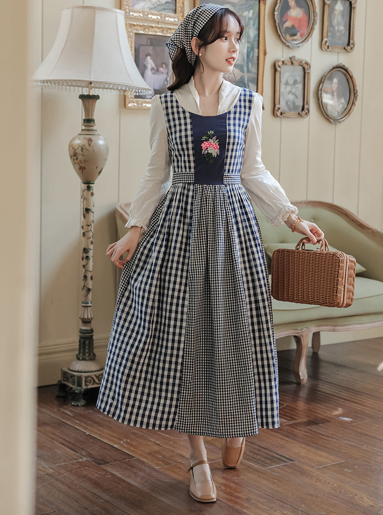 Gingham Pastures Twofer Midi Dress (Blue/White)