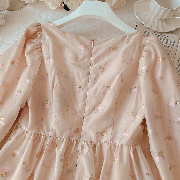 Puff Sleeve Bow Floral Jacquard Dress (Beige)
